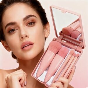 NWT No Label Mauve 5pc Makeup Brush Set with Mirror